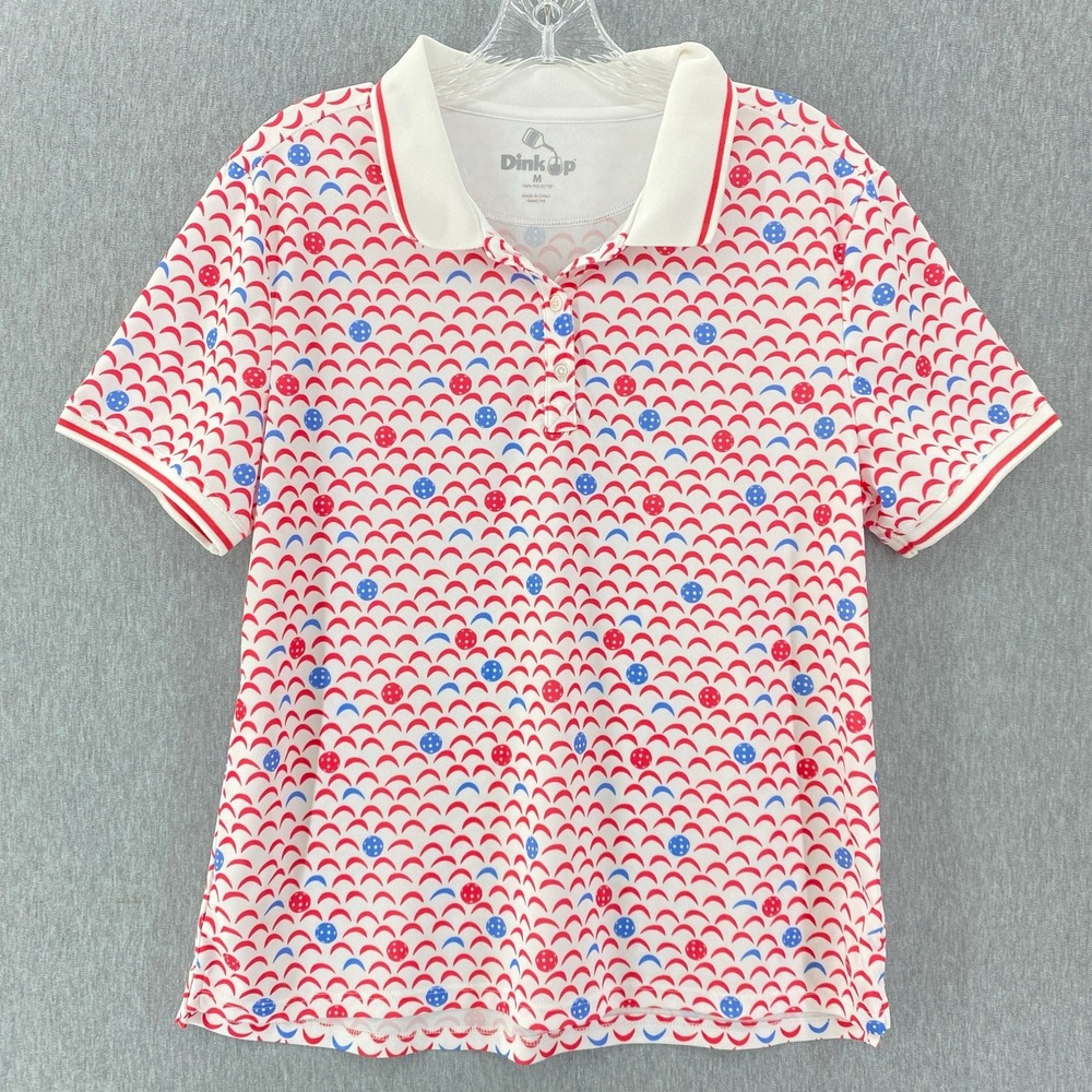 Dink Up Womens Sporty Pickleball Polo Shirt Mens‎ Medium Red White Blue Print